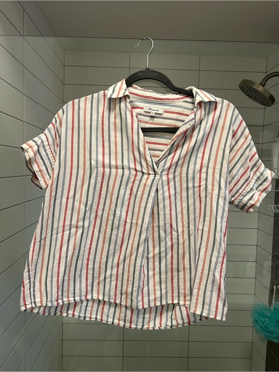 Madewell Tops - Madewell Short-Sleeve Striped Popover Top — White with Multicolor Stripes